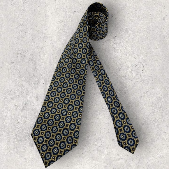 BOULEVARD CLUB XL Navy/Gold/Blue Geometric Floral Silk LUXURY Tie ITALY - Picture 1 of 5
